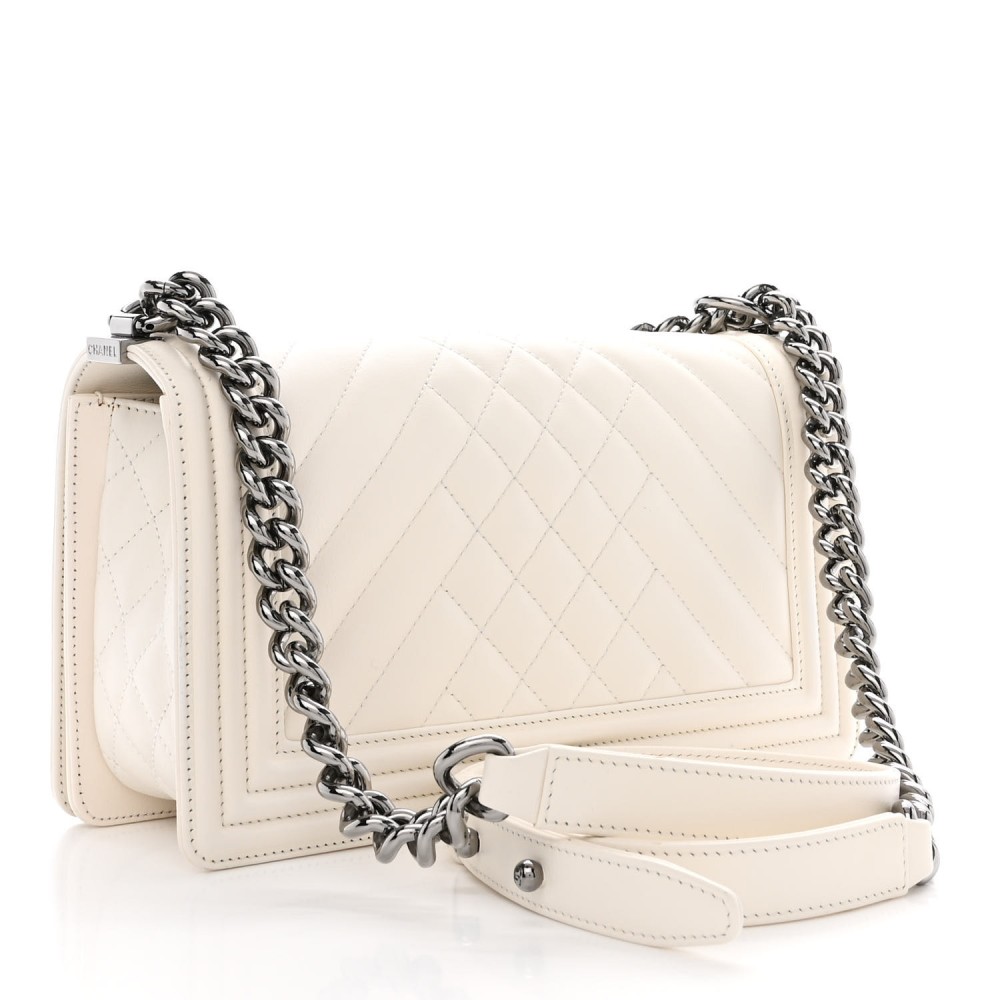 Lambskin Quilted Chevron Medium Boy Flap White