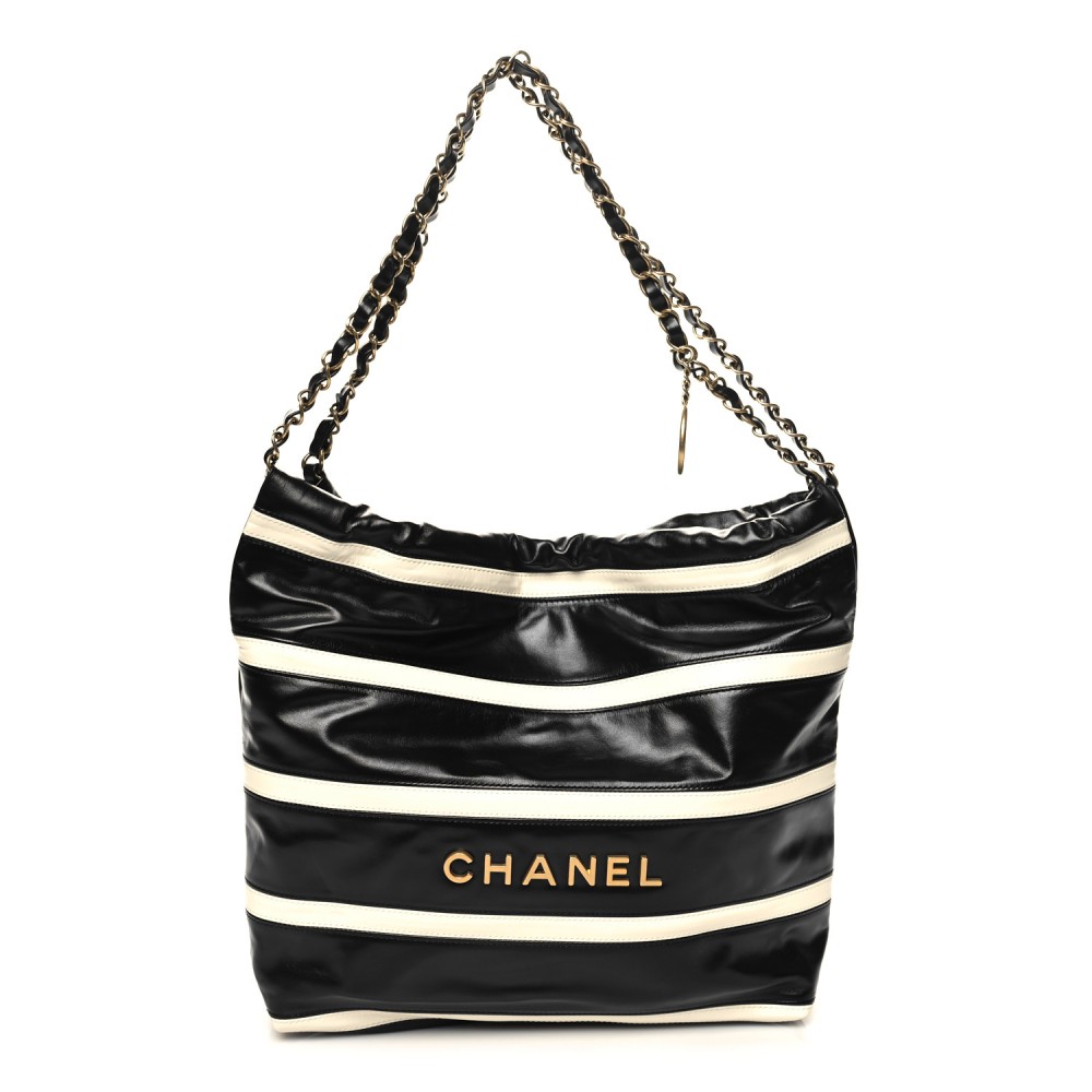 Shiny Calfskin Striped Small Chanel 22 Black White