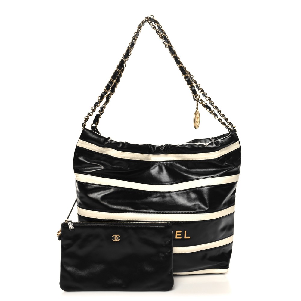 Shiny Calfskin Striped Small Chanel 22 Black White