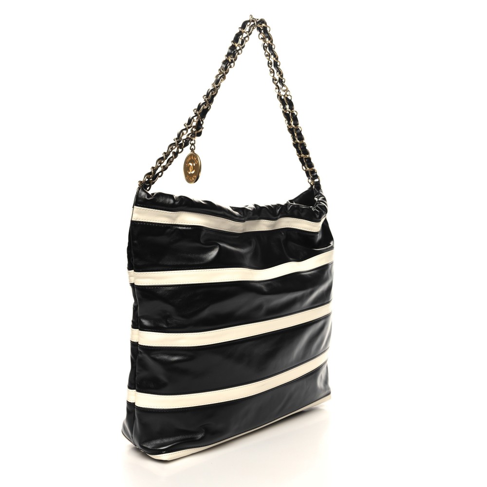 Shiny Calfskin Striped Small Chanel 22 Black White