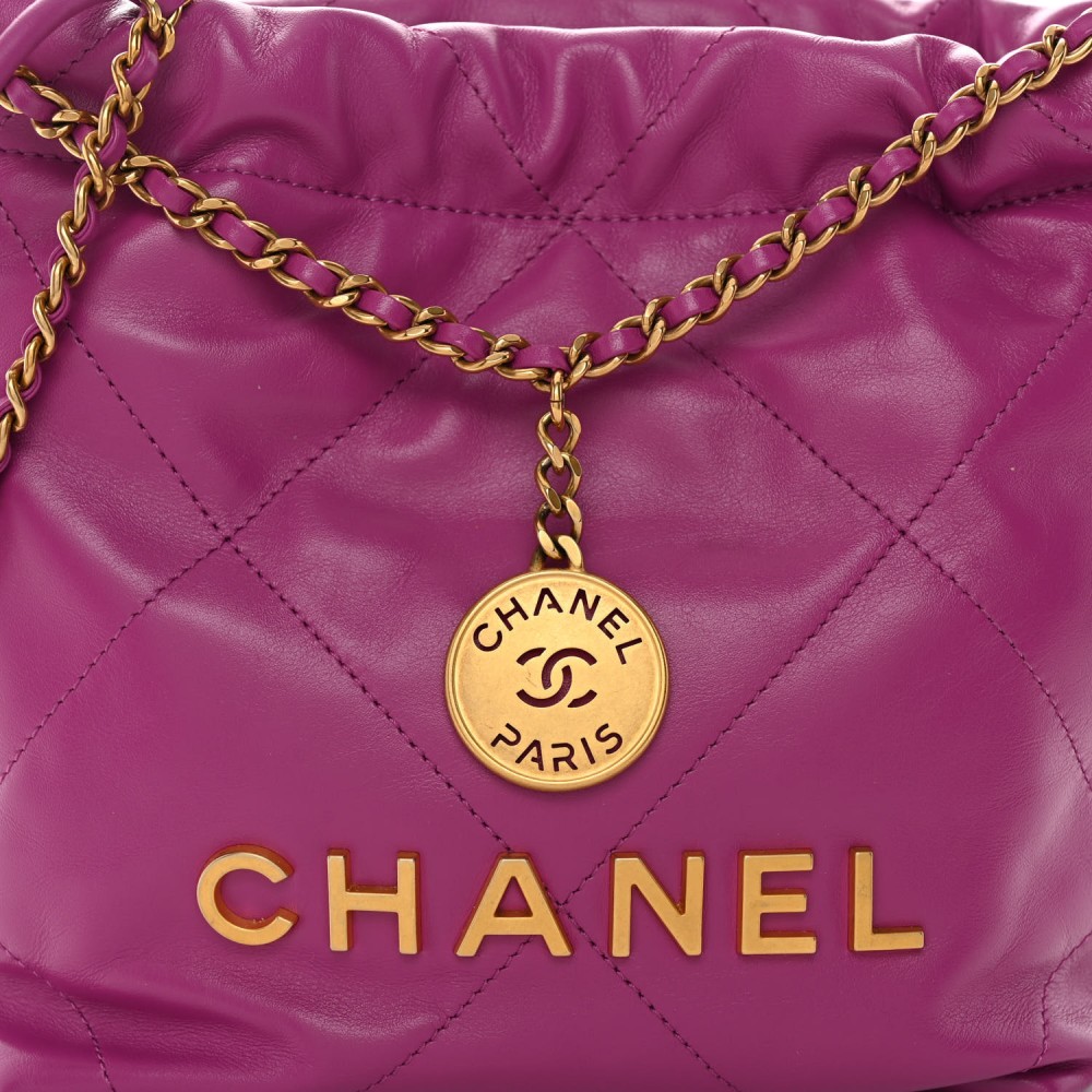 Shiny Calfskin Quilted Mini Chanel 22 Purple