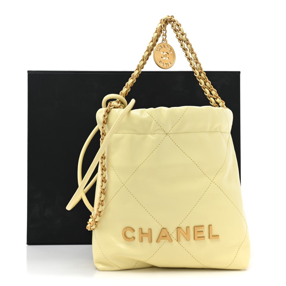 Shiny Calfskin Quilted Mini Chanel 22 Light Yellow