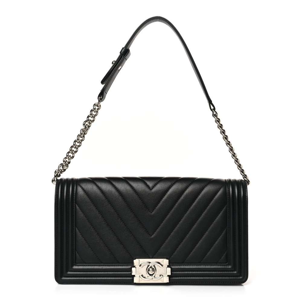 Calfskin Chevron Quilted Boy Convertible Clutch Flap Black