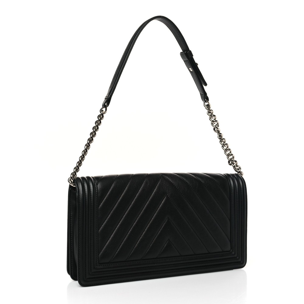 Calfskin Chevron Quilted Boy Convertible Clutch Flap Black