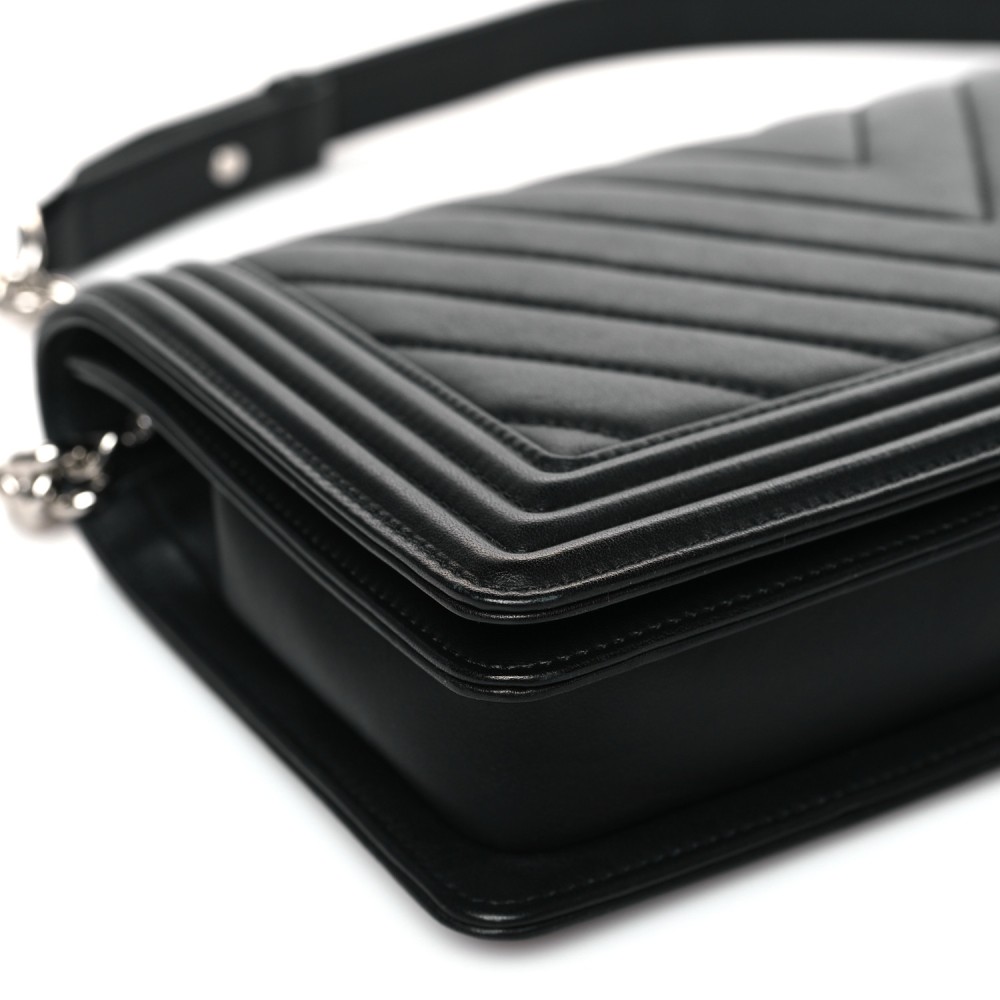 Calfskin Chevron Quilted Boy Convertible Clutch Flap Black