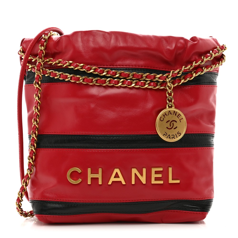 Shiny Calfskin Striped Mini Chanel 22 Red Black