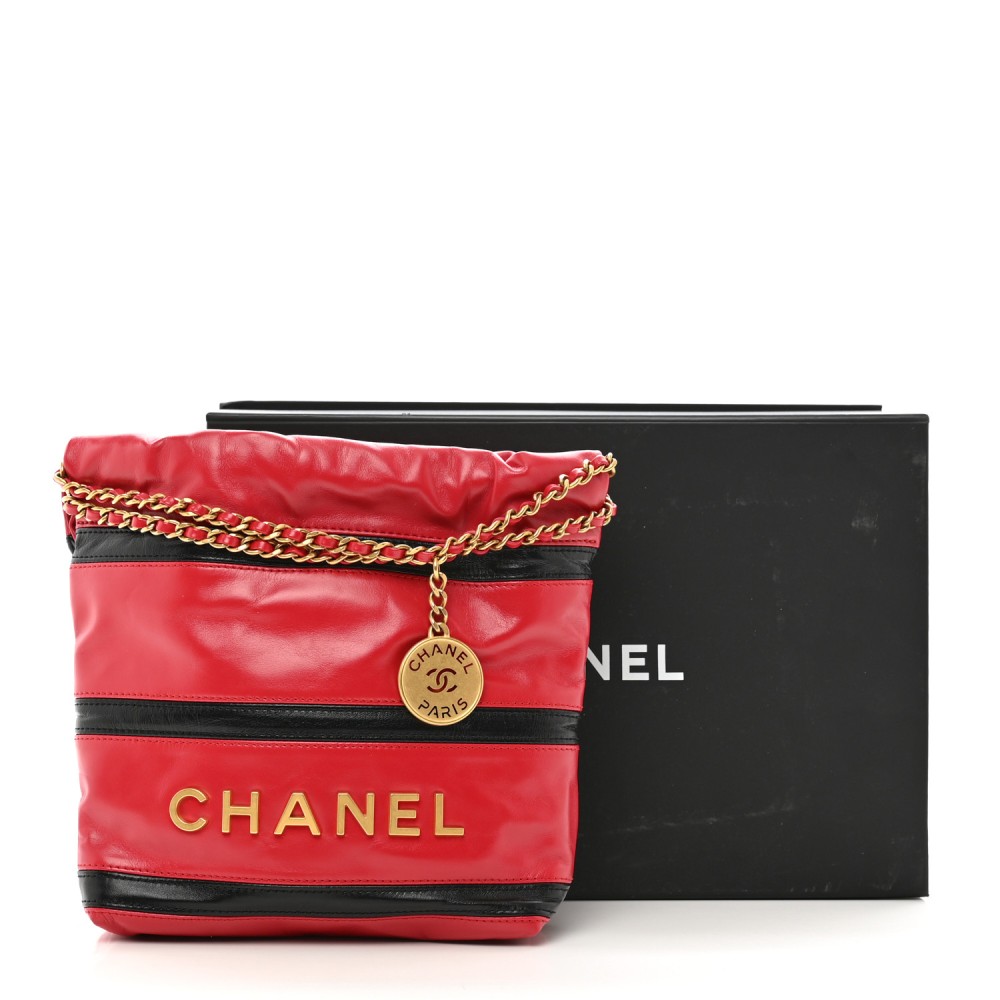 Shiny Calfskin Striped Mini Chanel 22 Red Black