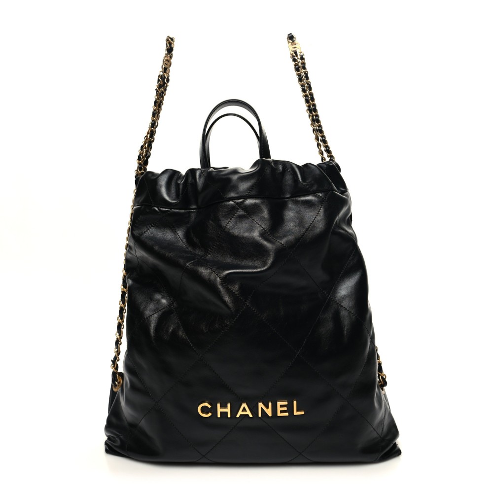 Shiny Calfskin Quilted Chanel 22 Backpack Black