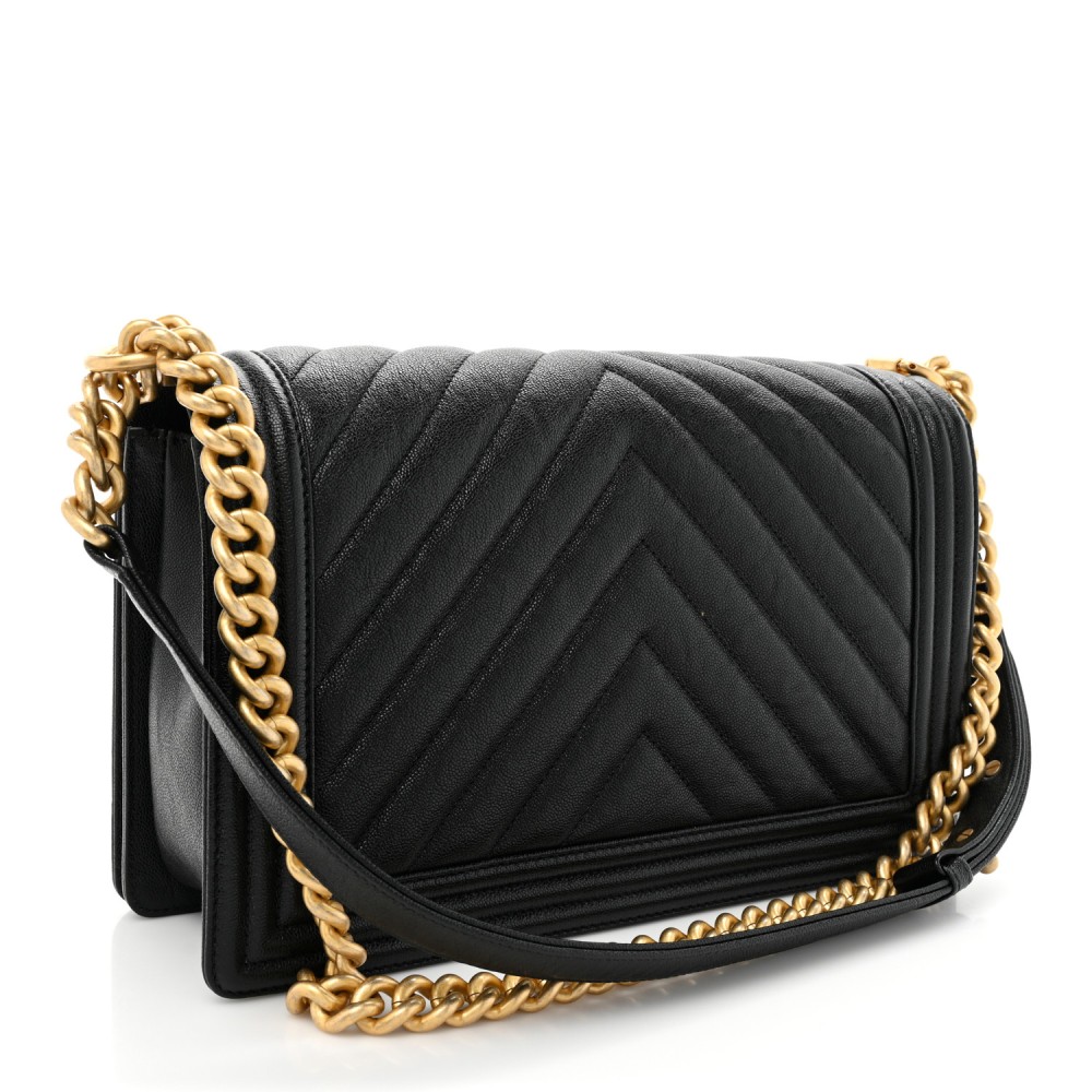 Caviar Chevron Quilted New Medium Boy Flap Black