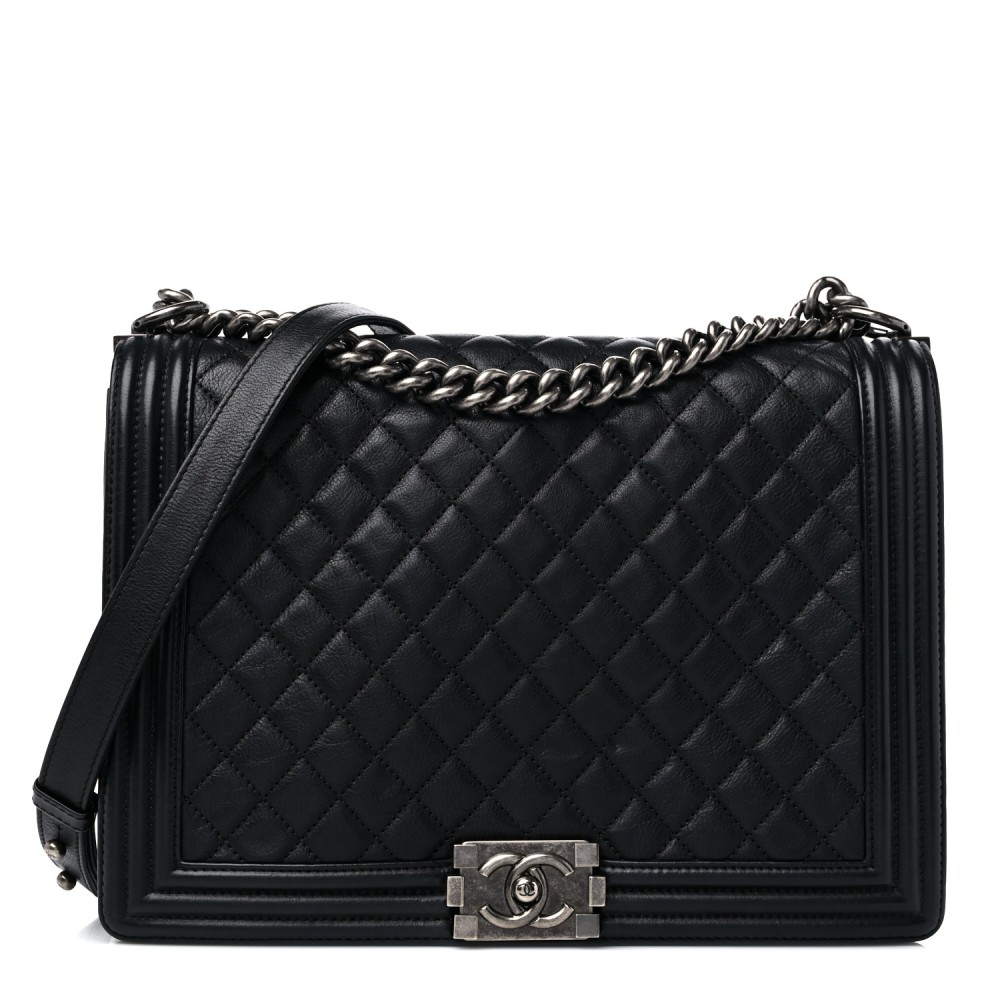 Calfskin Quilted Large Boy Flap Black