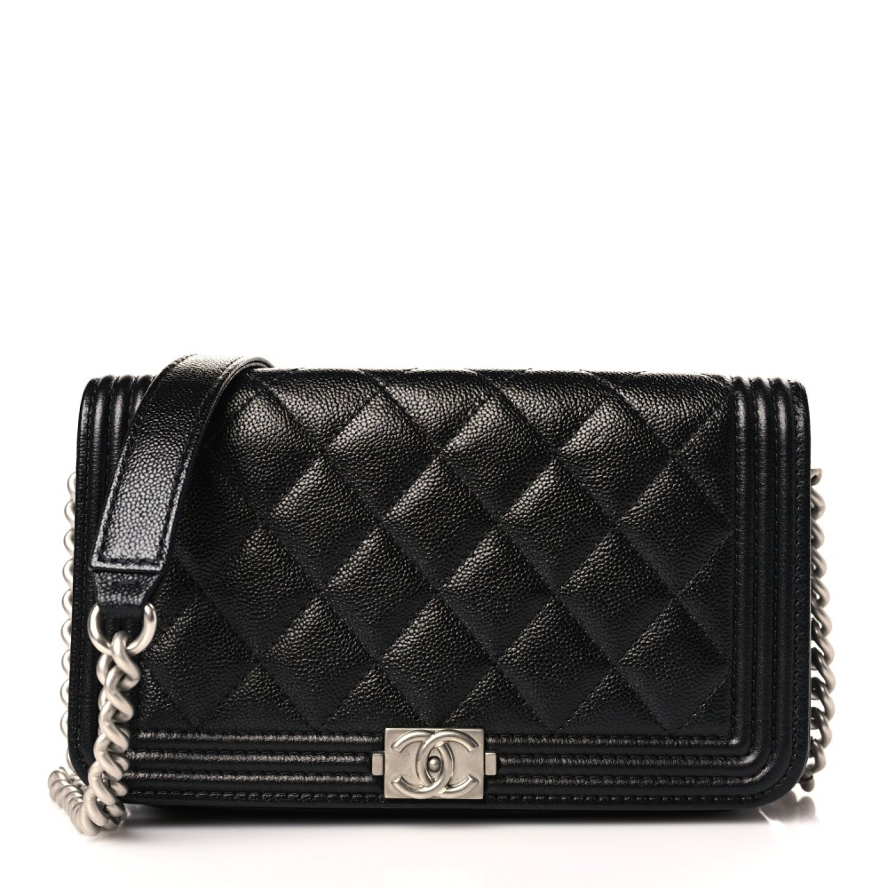 Caviar Quilted Boy Phone Holder Wallet On Chain Black