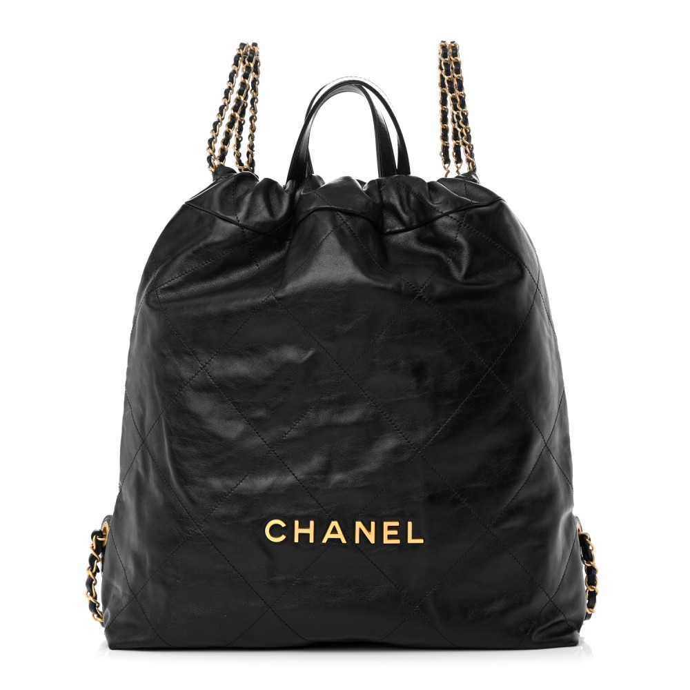 Shiny Calfskin Quilted Chanel 22 Backpack Black