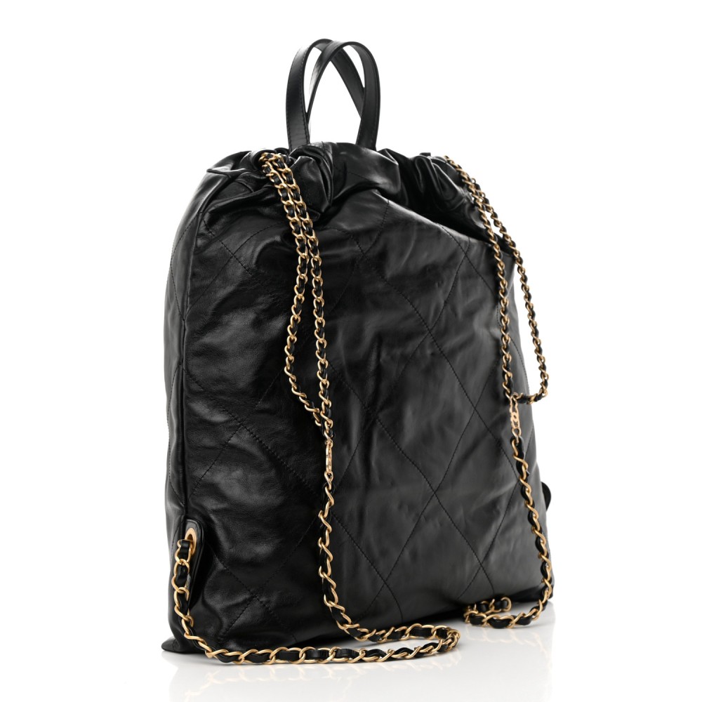 Shiny Calfskin Quilted Chanel 22 Backpack Black