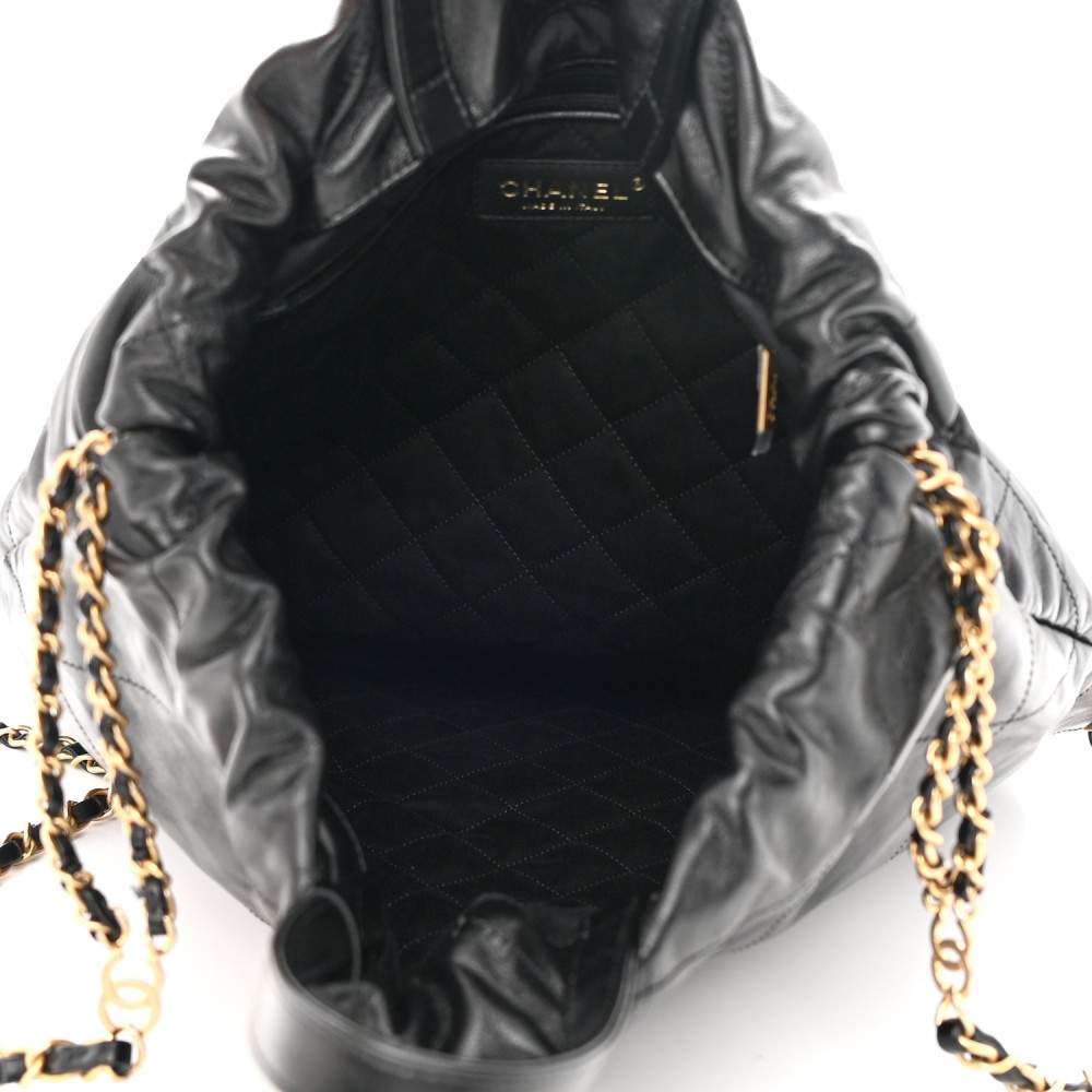 Shiny Calfskin Quilted Chanel 22 Backpack Black