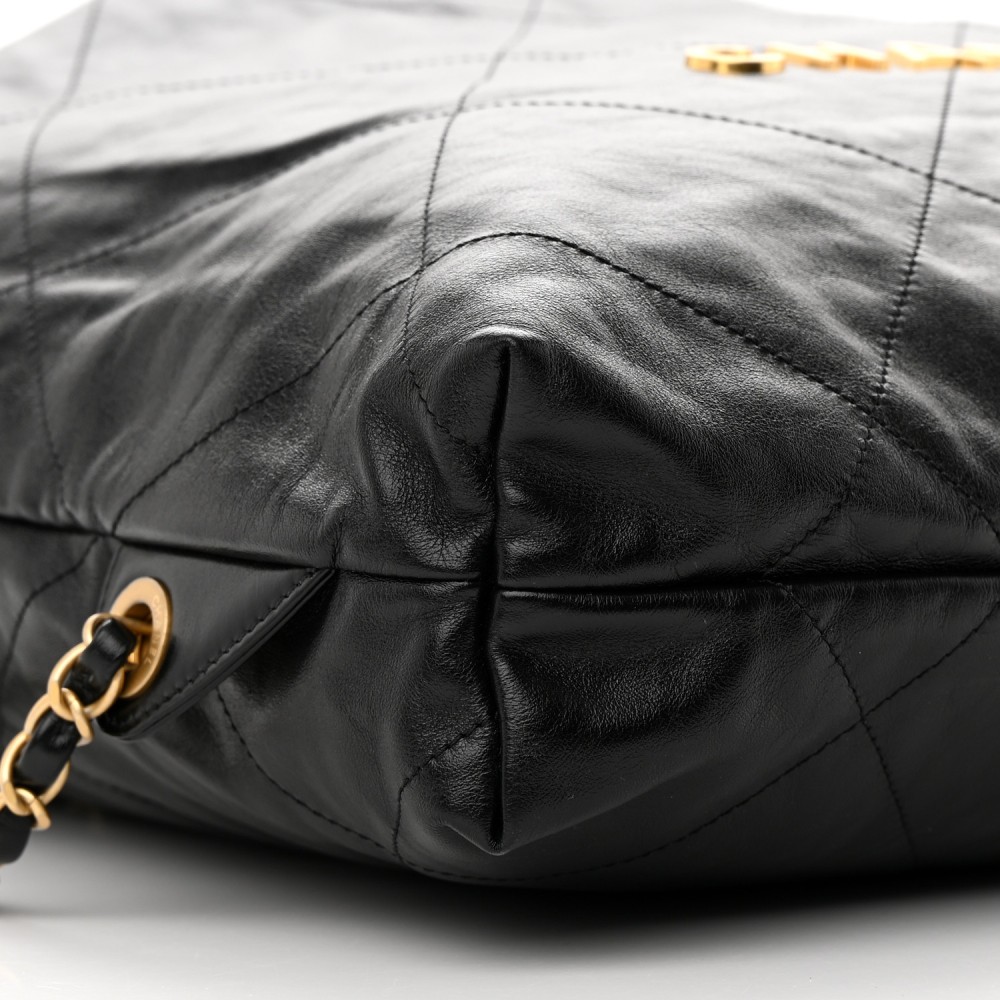 Shiny Calfskin Quilted Chanel 22 Backpack Black