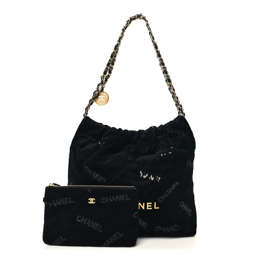 Velvet Sequin Quilted Small Chanel 22 Black