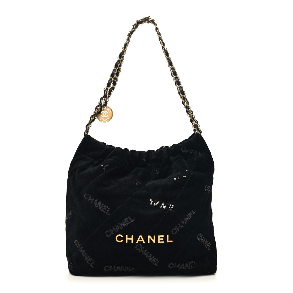 Velvet Sequin Quilted Small Chanel 22 Black