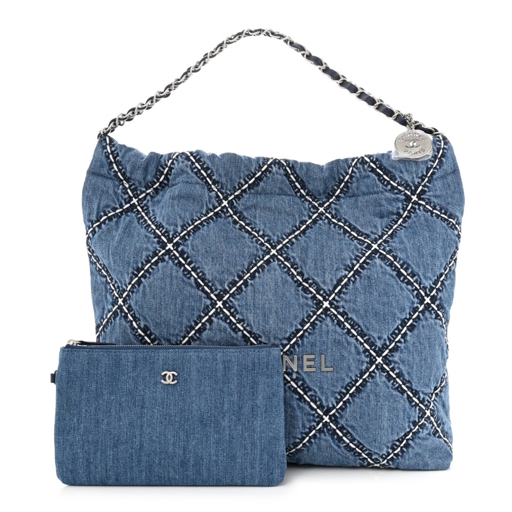 Stitched Denim Quilted Chanel 22 Blue