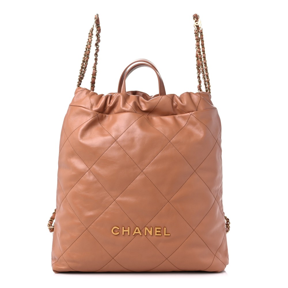 Shiny Calfskin Quilted Chanel 22 Backpack Camel