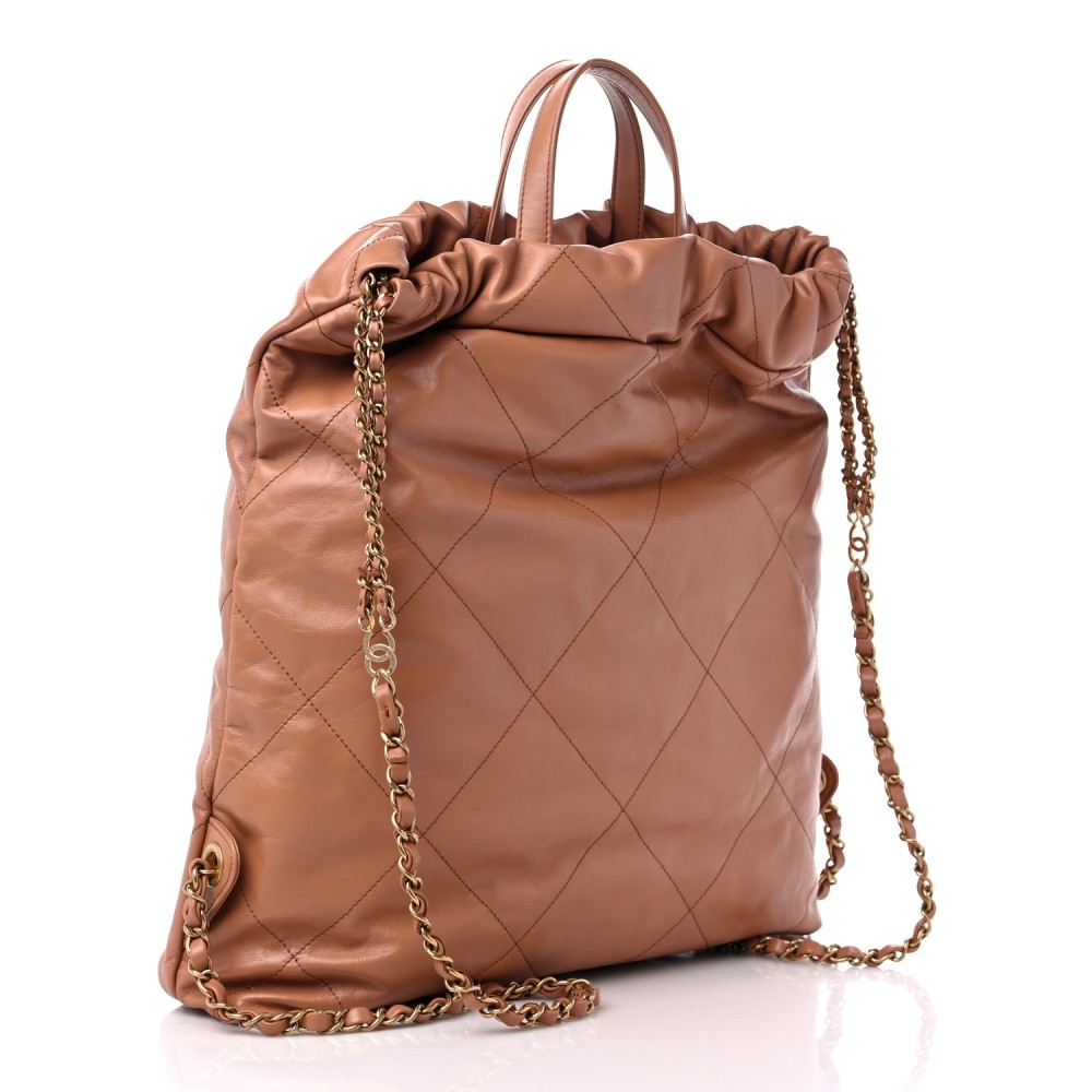 Shiny Calfskin Quilted Chanel 22 Backpack Camel