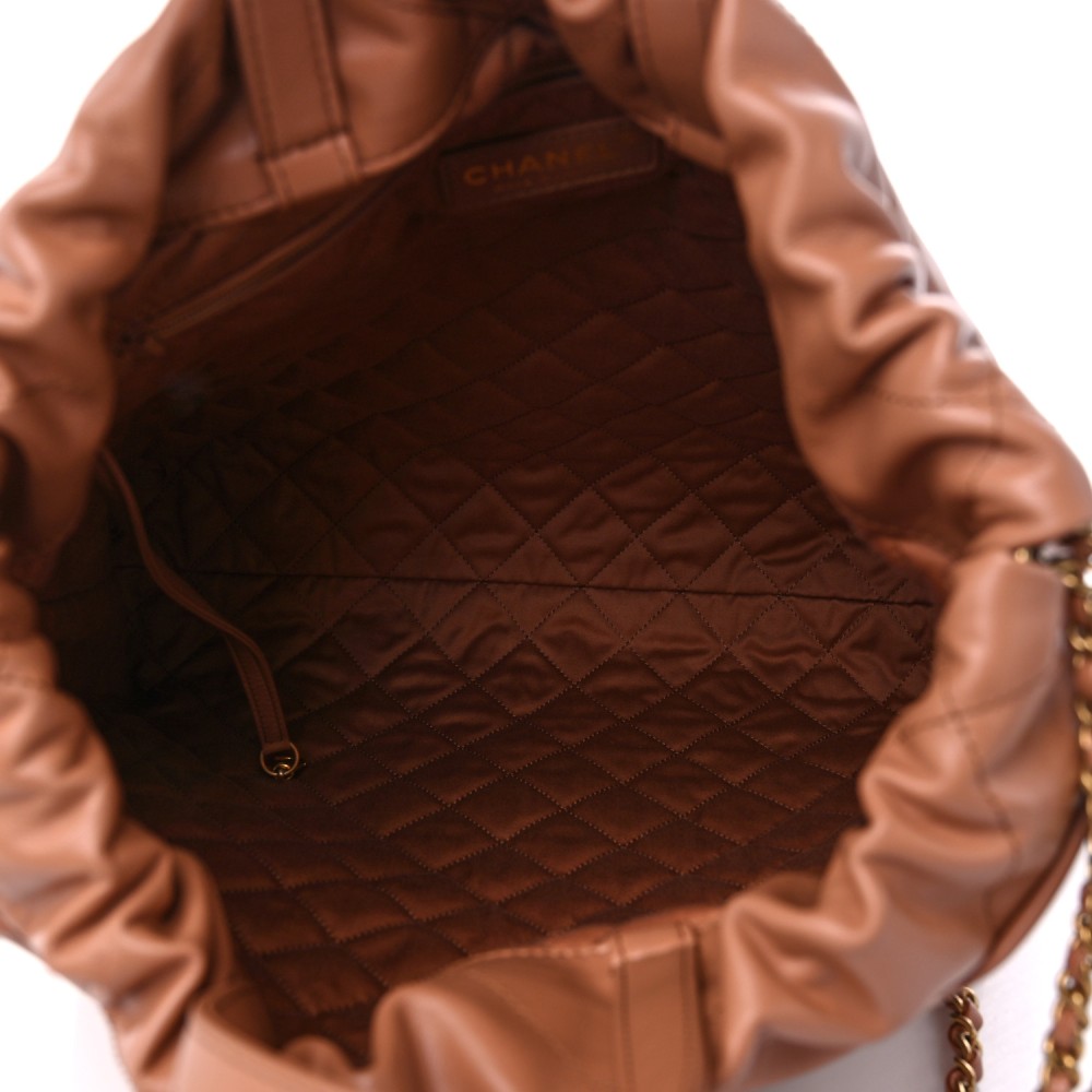 Shiny Calfskin Quilted Chanel 22 Backpack Camel