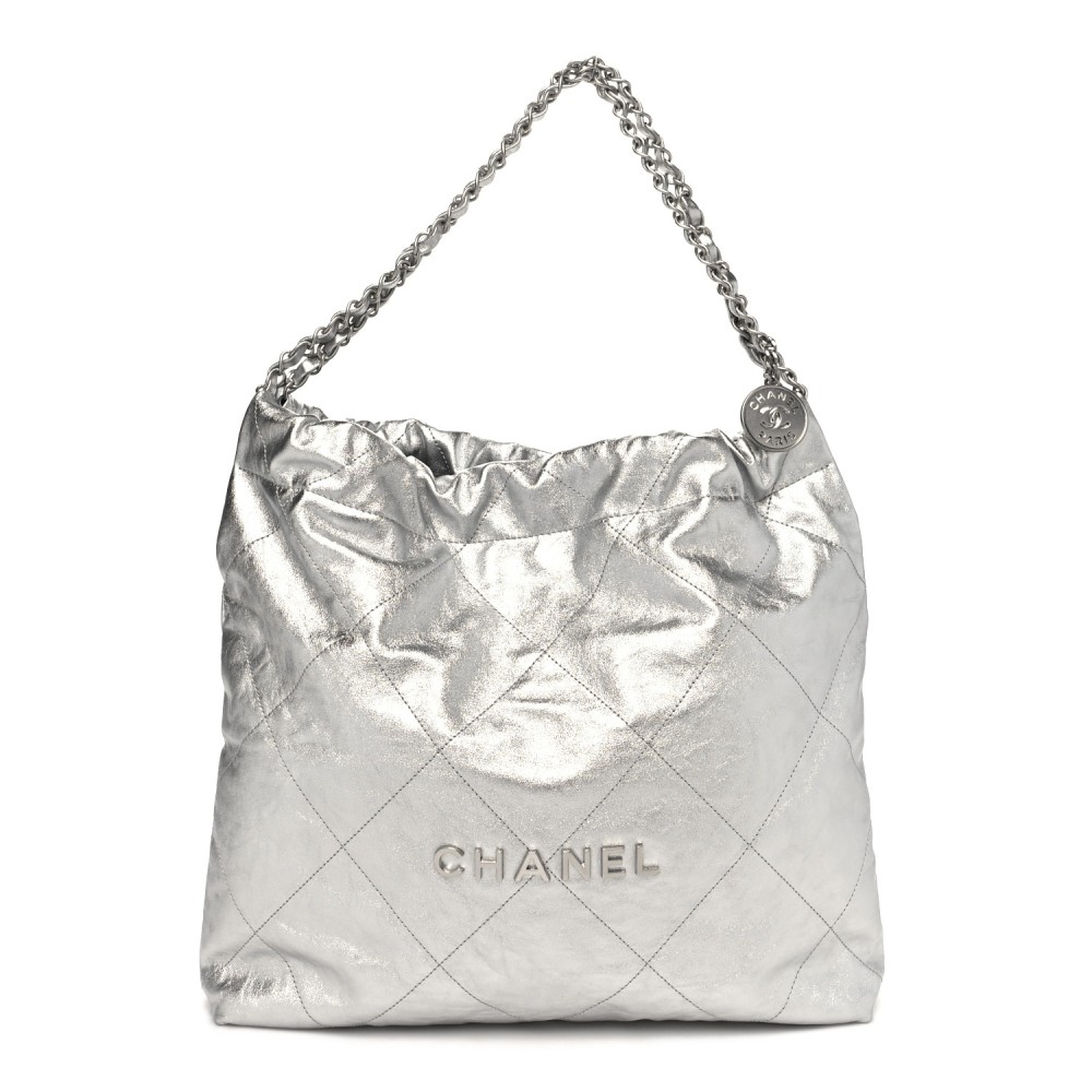 Metallic Calfskin Quilted Chanel 22 Silver