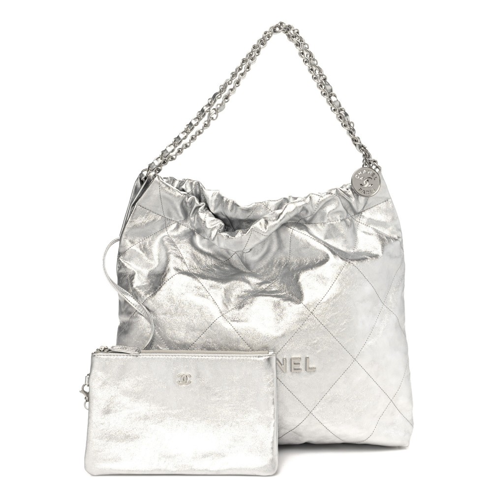 Metallic Calfskin Quilted Chanel 22 Silver