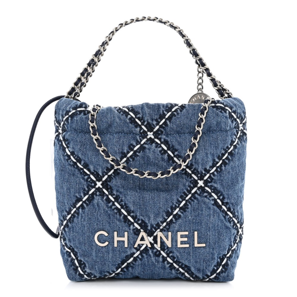 Stitched Denim Quilted Mini Chanel 22 Blue