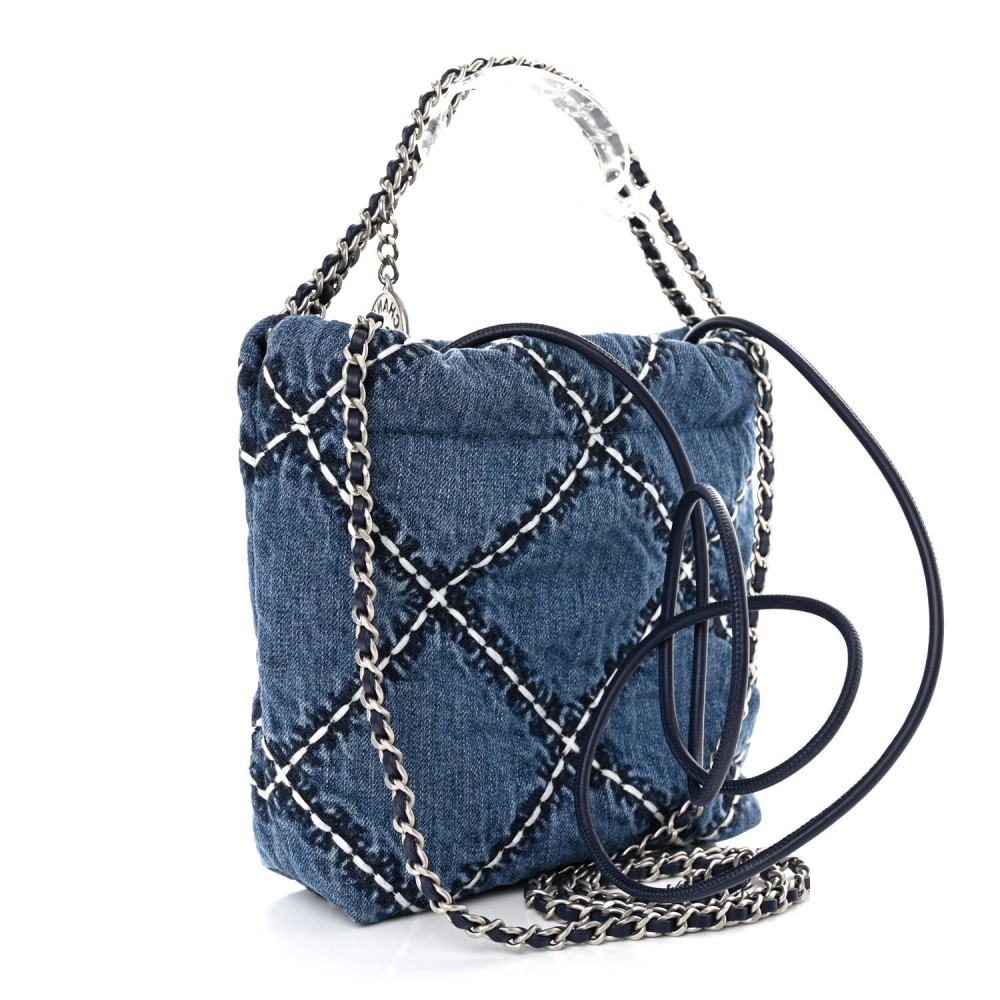 Stitched Denim Quilted Mini Chanel 22 Blue