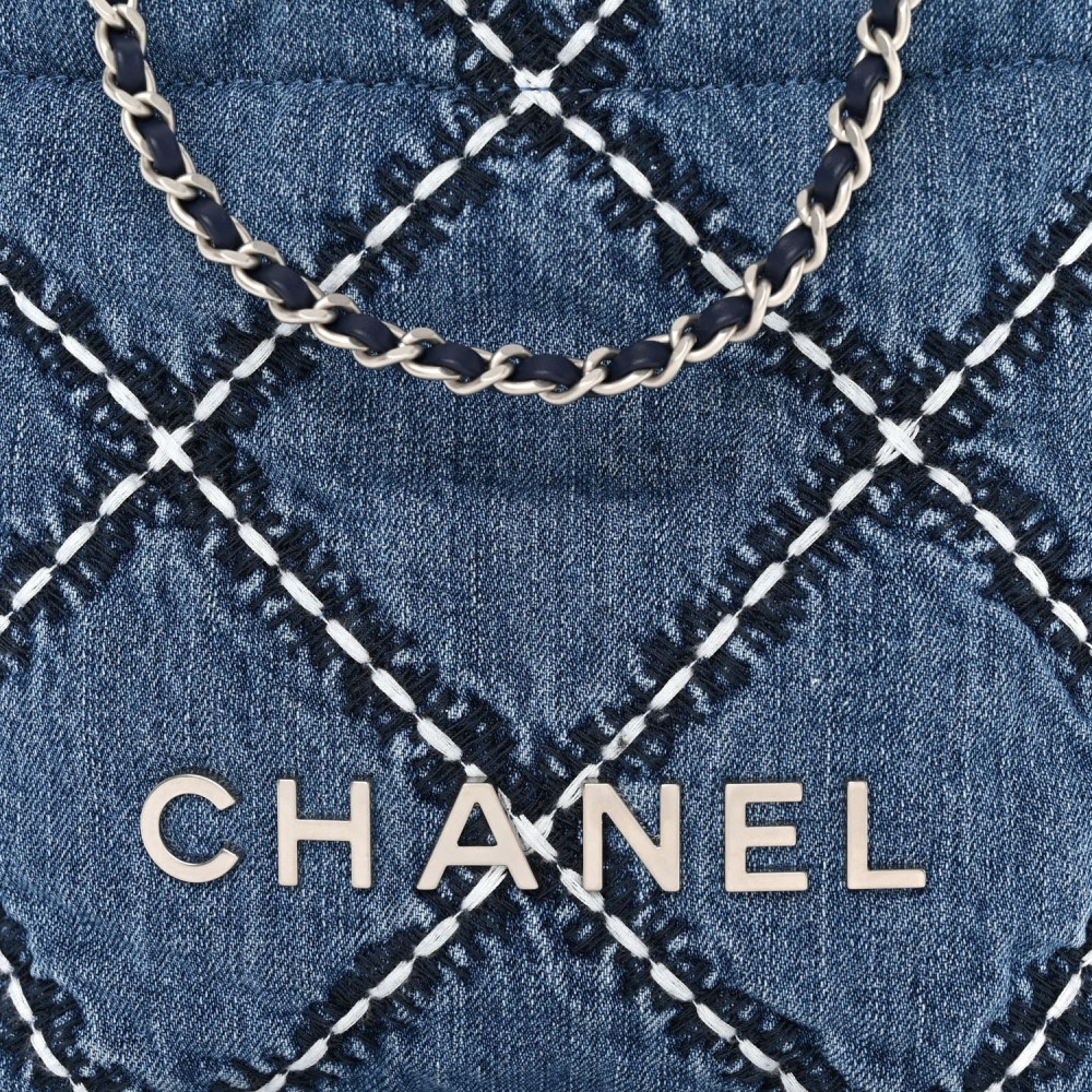 Stitched Denim Quilted Mini Chanel 22 Blue