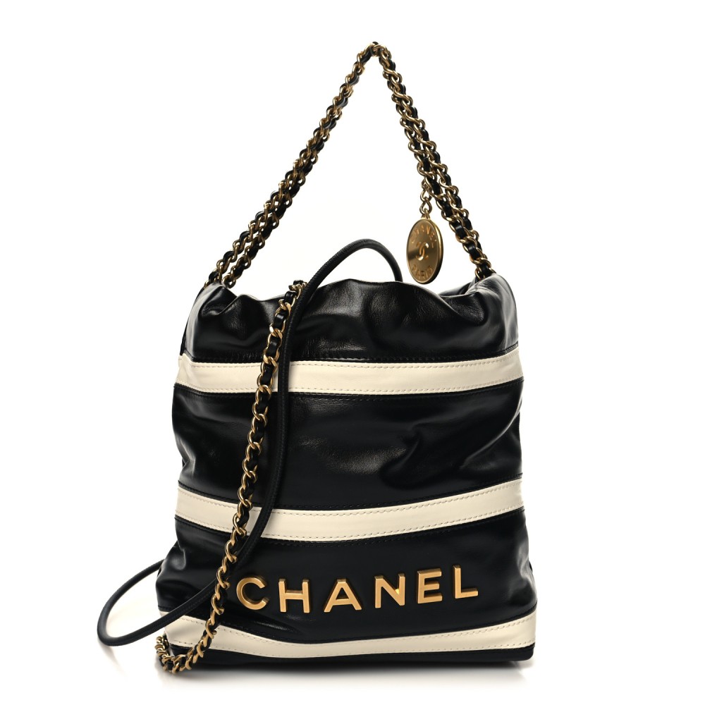 Shiny Calfskin Striped Mini Chanel 22 Black White