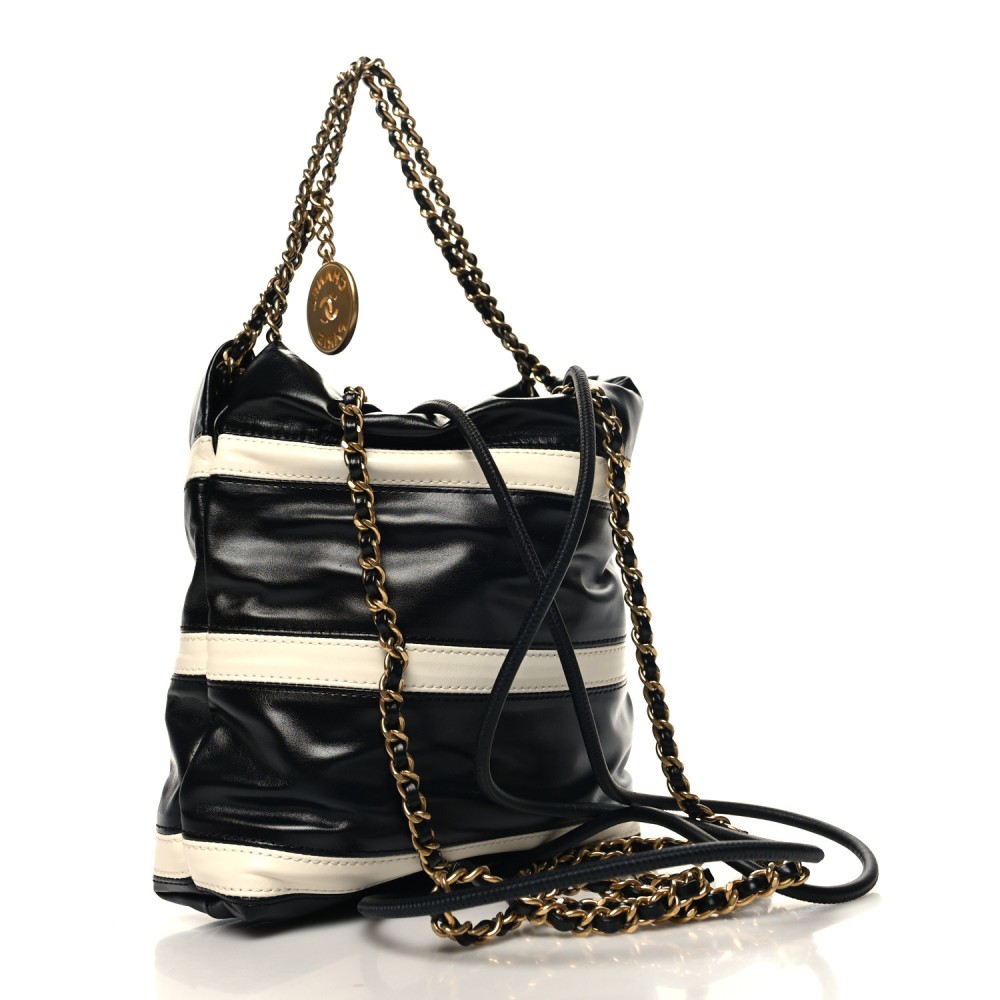 Shiny Calfskin Striped Mini Chanel 22 Black White