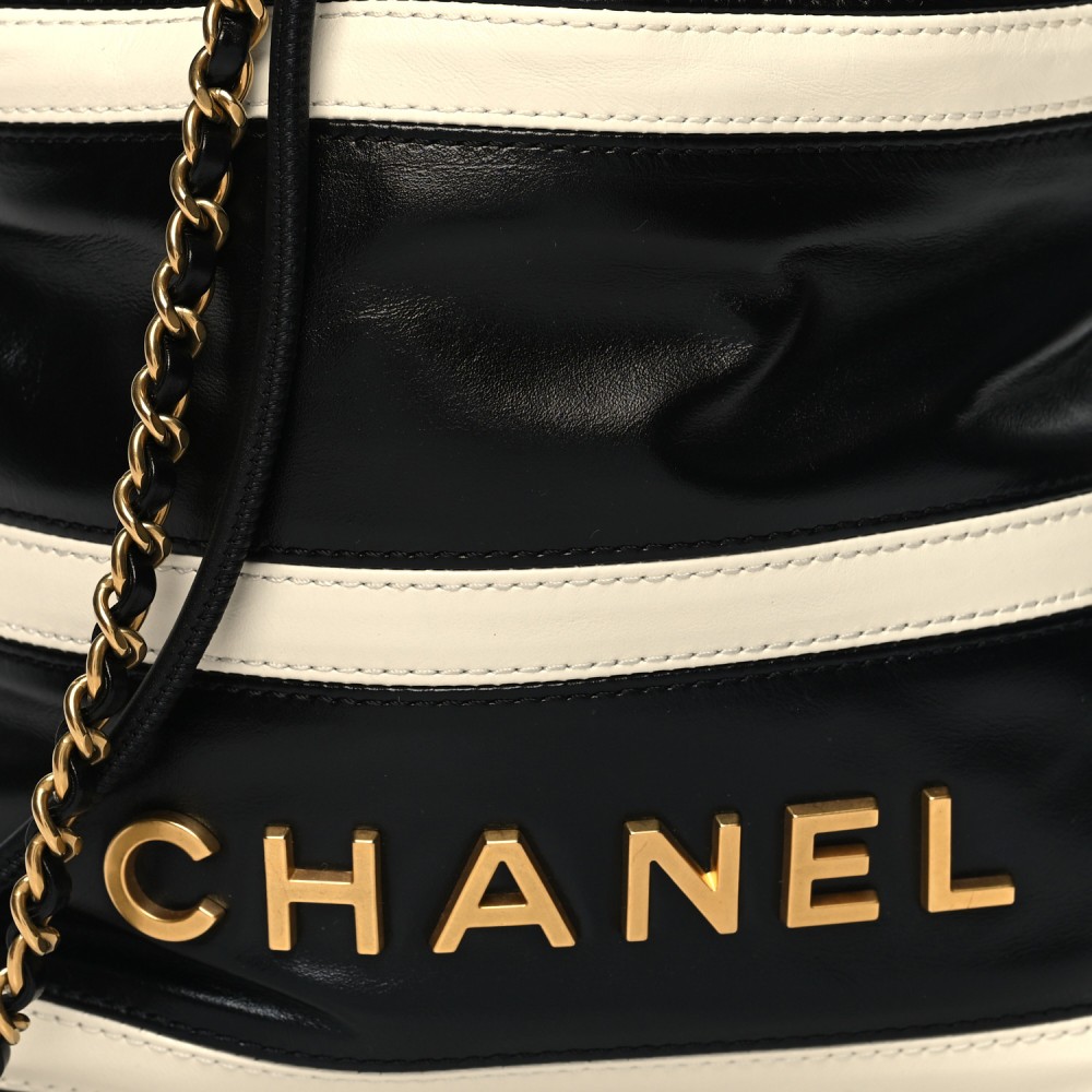 Shiny Calfskin Striped Mini Chanel 22 Black White