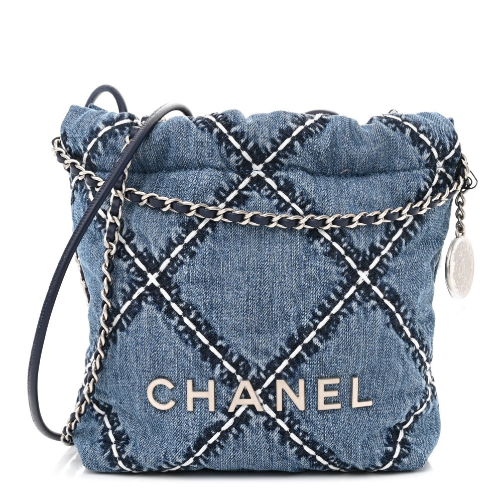 Stitched Denim Quilted Mini Chanel 22 Blue