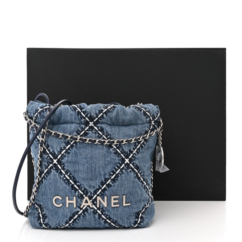 Stitched Denim Quilted Mini Chanel 22 Blue