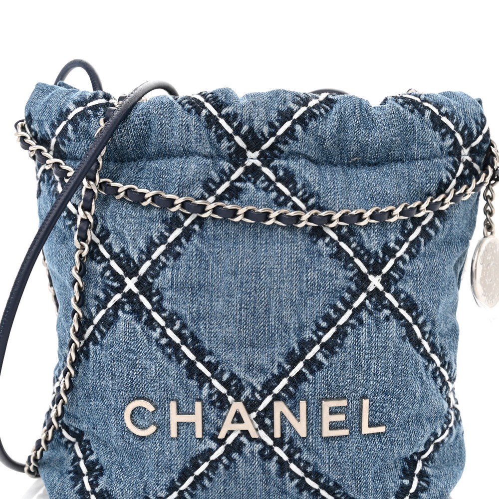 Stitched Denim Quilted Mini Chanel 22 Blue