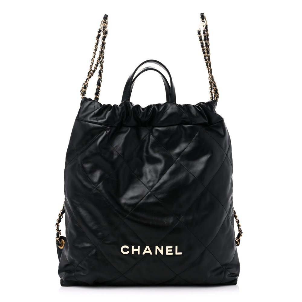 Shiny Calfskin Quilted Chanel 22 Backpack Black