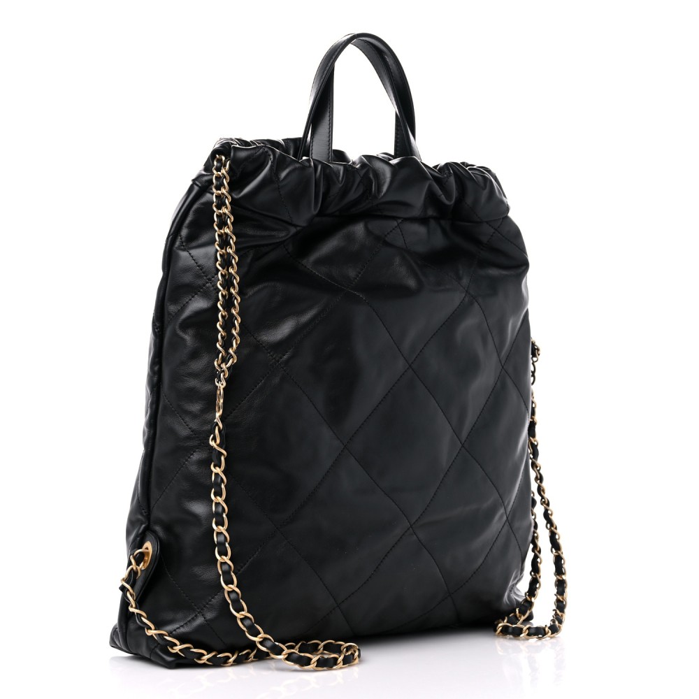 Shiny Calfskin Quilted Chanel 22 Backpack Black