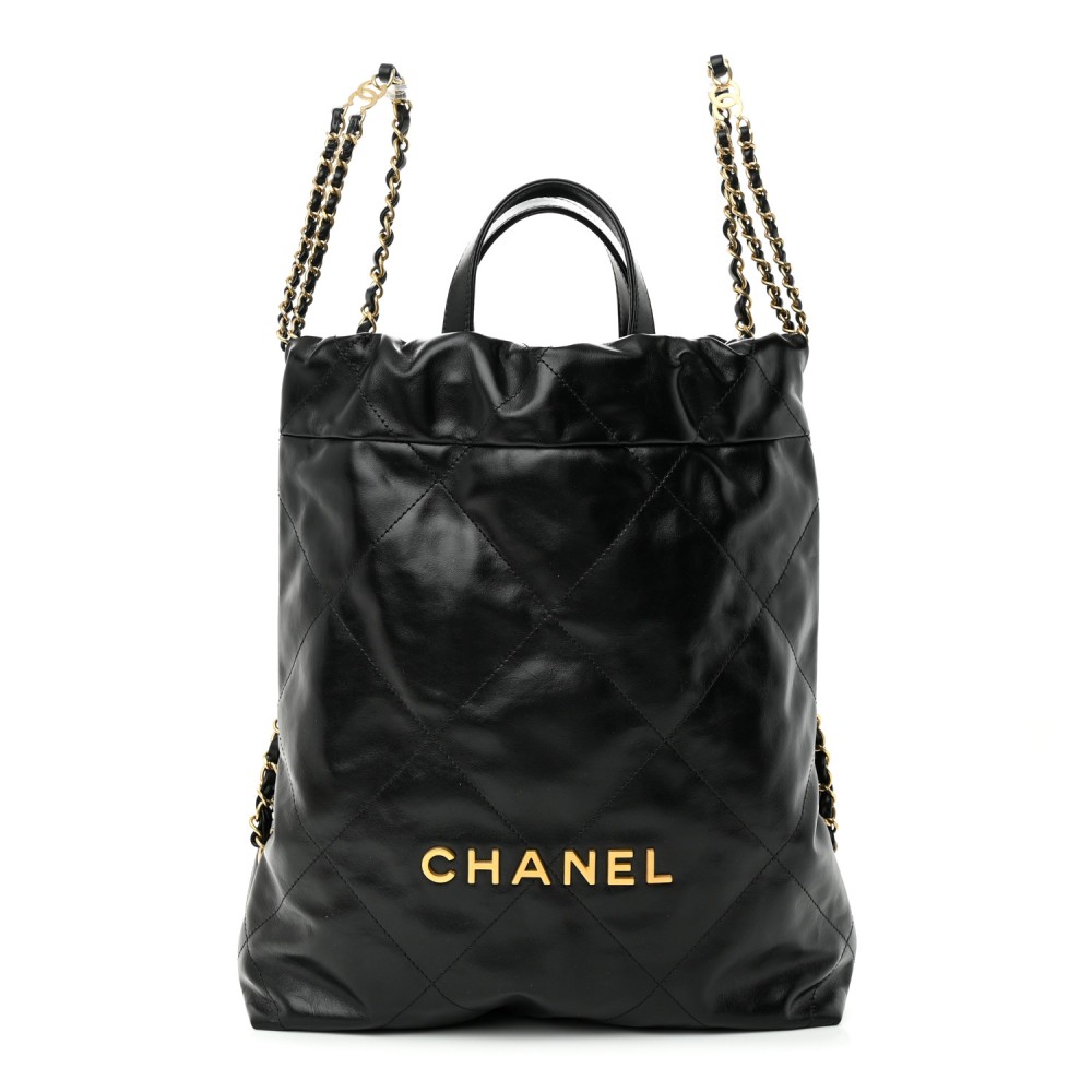 Shiny Calfskin Quilted Chanel 22 Backpack Black