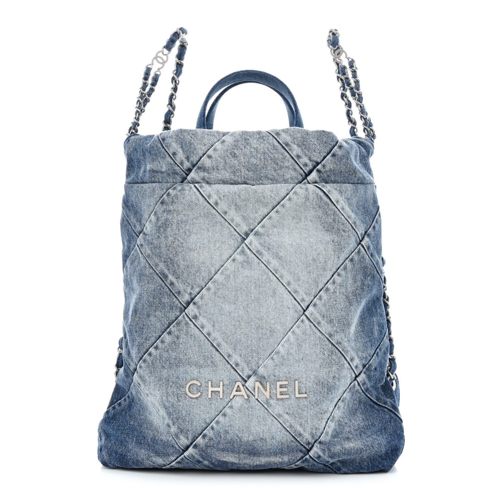 Denim Quilted Chanel 22 Backpack Blue