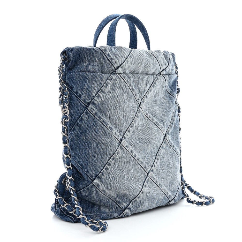 Denim Quilted Chanel 22 Backpack Blue