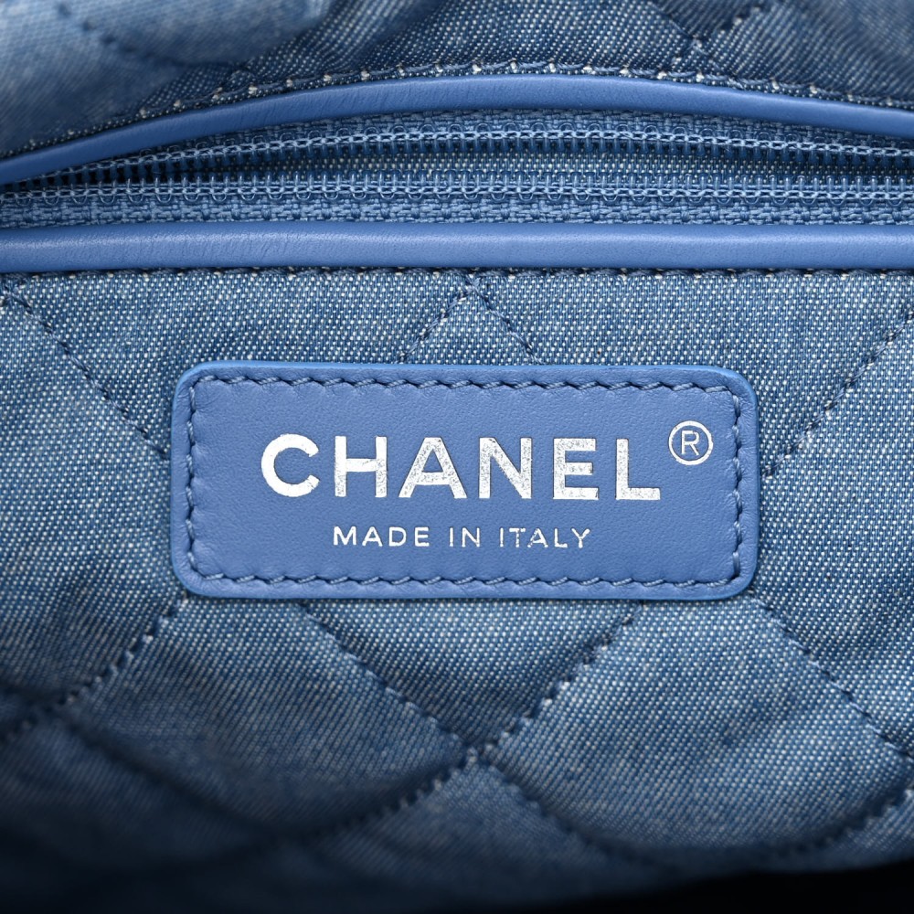 Denim Quilted Chanel 22 Backpack Blue