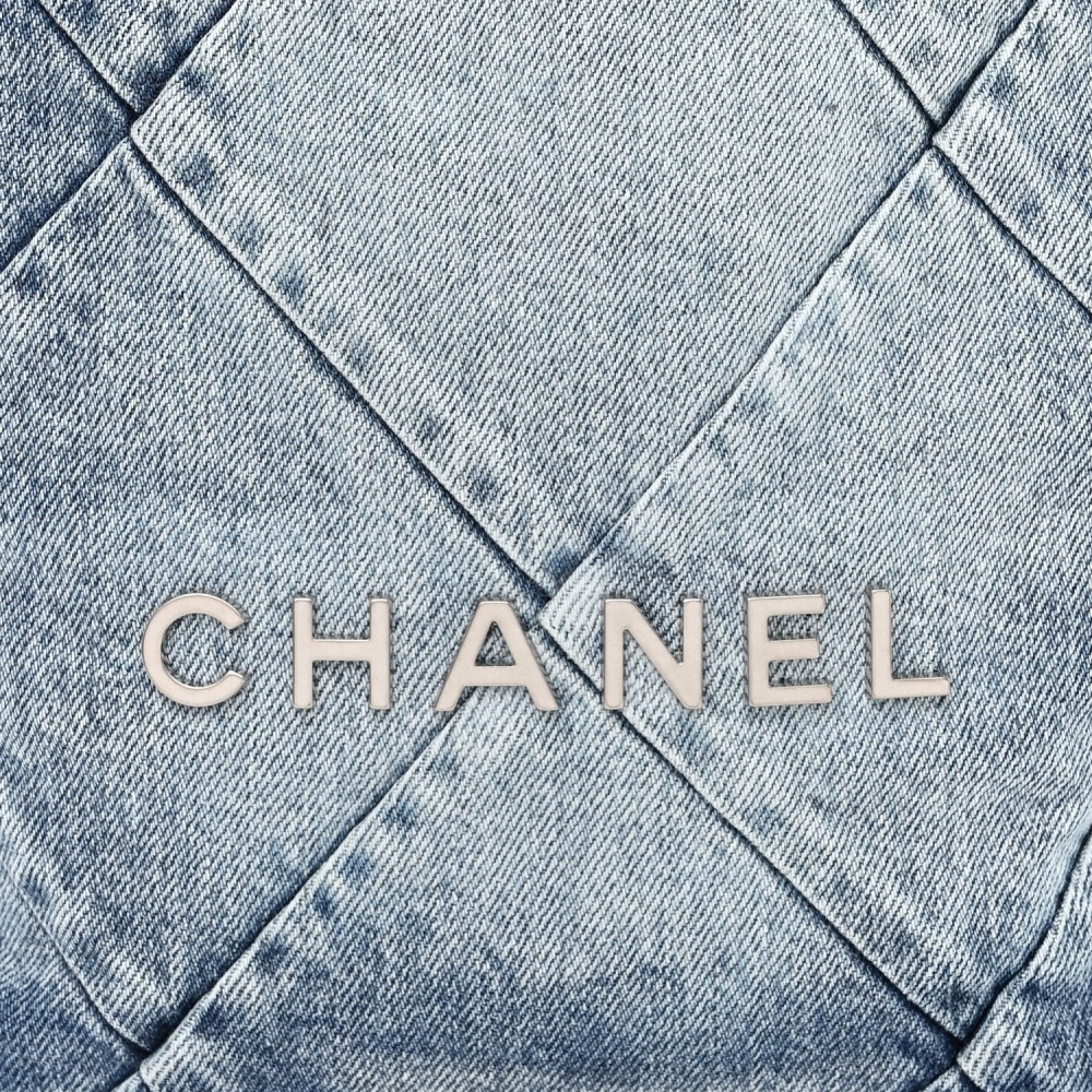 Denim Quilted Chanel 22 Backpack Blue