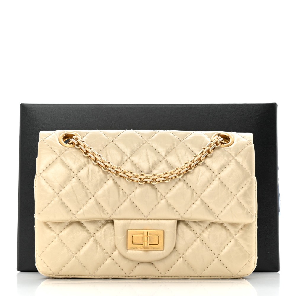 Metallic Aged Calfskin Quilted 2.55 Reissue Mini Flap Light Gold