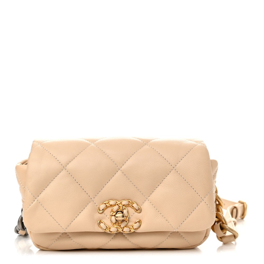 Goatskin Quilted Chanel 19 Waist Bag Dark Beige