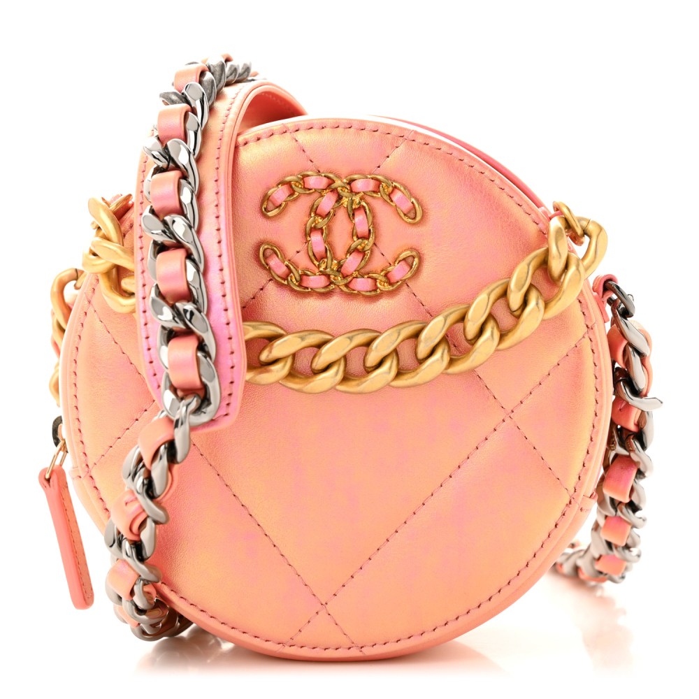 Iridescent Calfskin Quilted Chanel 19 Round Clutch With Chain Pink