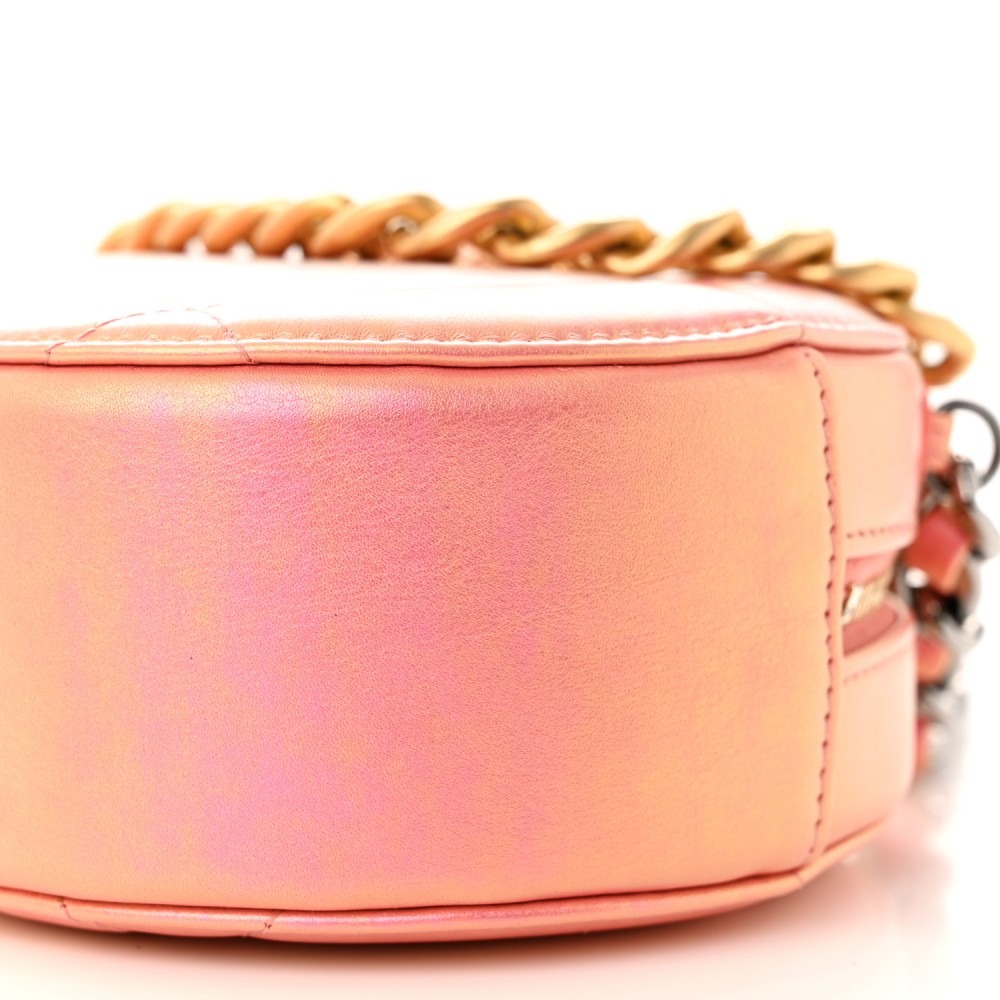 Iridescent Calfskin Quilted Chanel 19 Round Clutch With Chain Pink