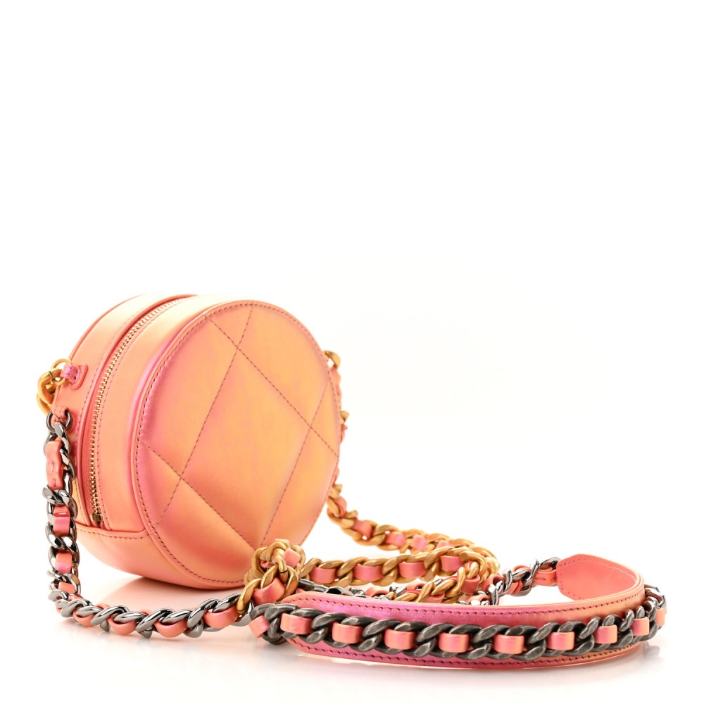 Iridescent Calfskin Quilted Chanel 19 Round Clutch With Chain Pink