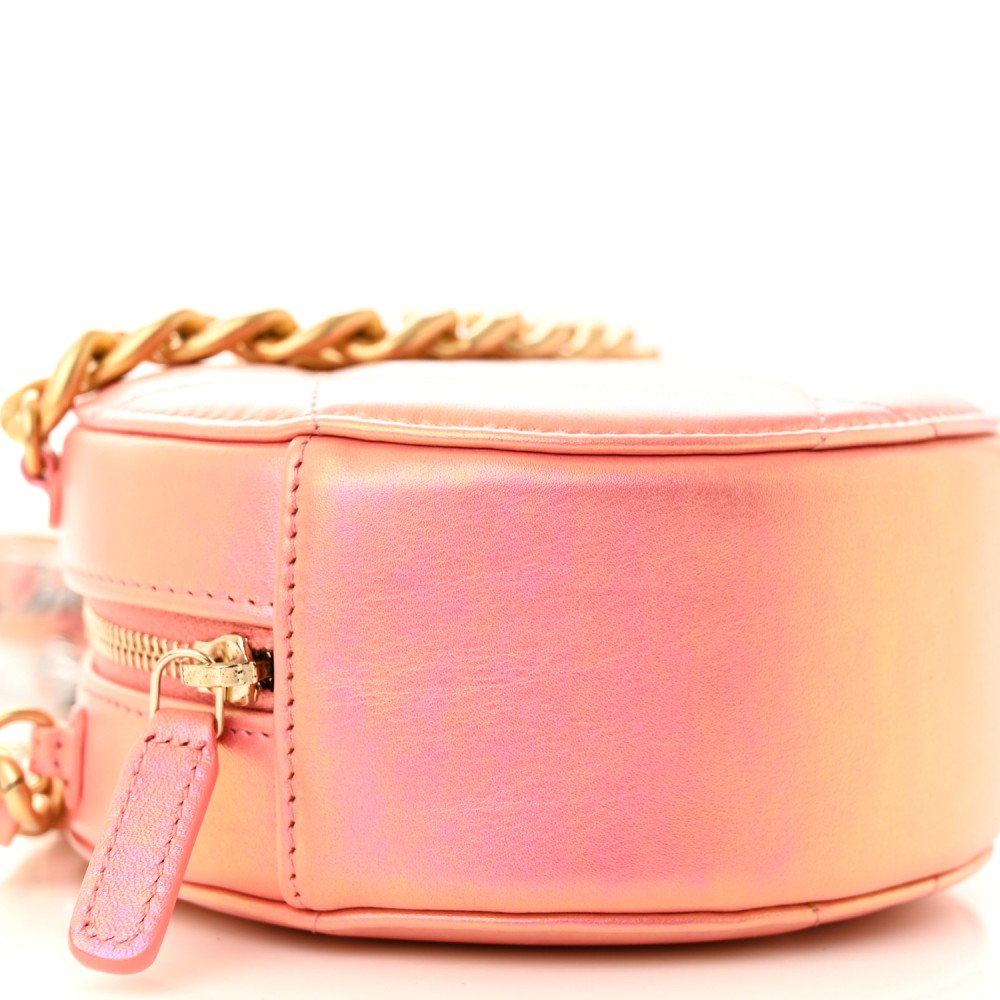 Iridescent Calfskin Quilted Chanel 19 Round Clutch With Chain Pink