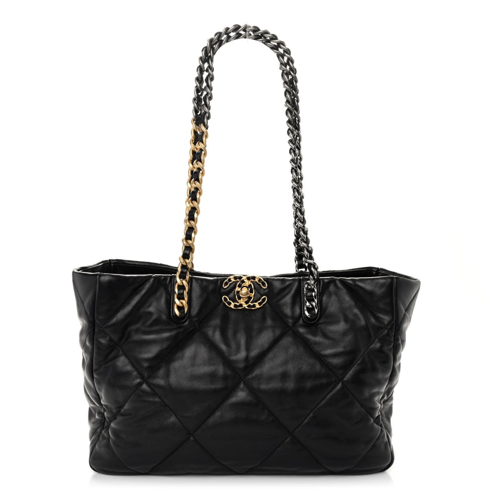 Lambskin Quilted Chanel 19 East West Shopping Bag Black